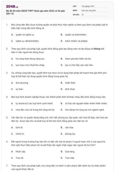 Bộ đề thi môn GDCD THPT Quốc gia năm 2022 có lời giải (Đề 13)