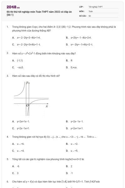 Đề thi thử tốt nghiệp môn Toán THPT năm 2022 có đáp án (Đề 1)