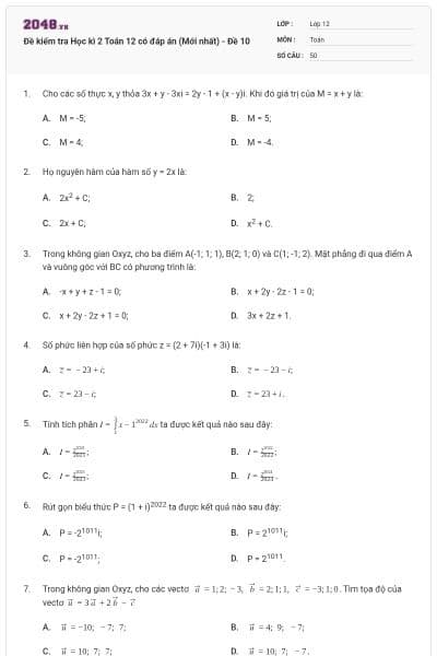 Đề kiểm tra Học kì 2 Toán 12 có đáp án (Mới nhất) - Đề 10