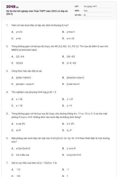 Đề thi thử tốt nghiệp môn Toán THPT năm 2022 có đáp án (Đề 2)