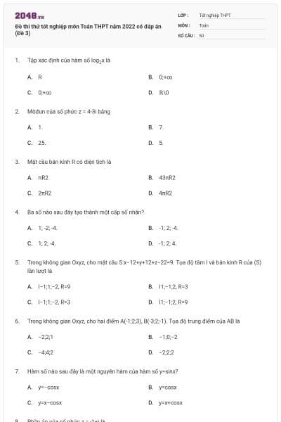 Đề thi thử tốt nghiệp môn Toán THPT năm 2022 có đáp án (Đề 3)