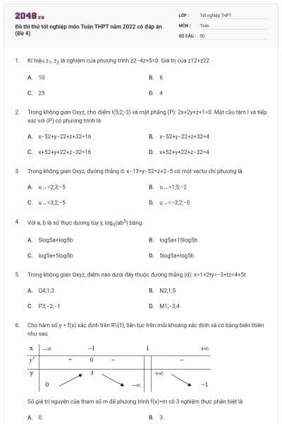 Đề thi thử tốt nghiệp môn Toán THPT năm 2022 có đáp án (Đề 4)