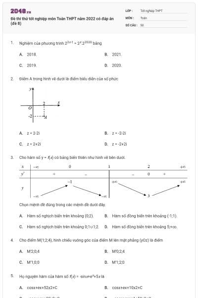Đề thi thử tốt nghiệp môn Toán THPT năm 2022 có đáp án (đề 8)