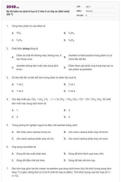 Bộ đề kiểm tra định kì học kì 2 Hóa 9 có đáp án (Mới nhất) (Đề 7)