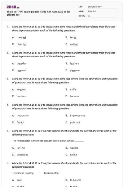 30 đề thi THPT Quốc gia môn Tiếng Anh năm 2022 có lời giải (Đề 18)