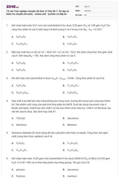 75 câu Trắc nghiệm chuyên đề Hoá 12 Chủ đề 7. Ôn tập và kiểm tra chuyên đề amin - amino axit - protein có đáp án
