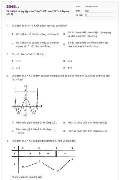 Đề thi thử tốt nghiệp môn Toán THPT năm 2022 có đáp án (đề 9)