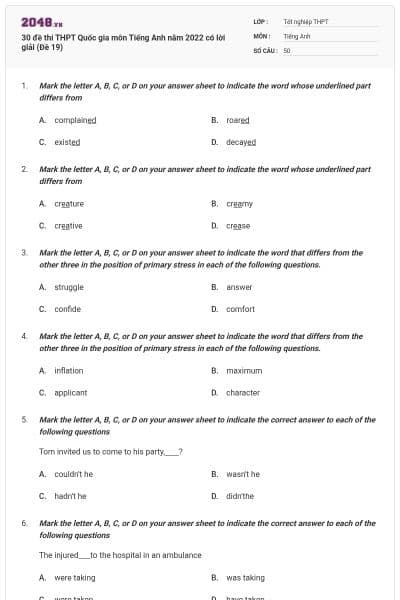 30 đề thi THPT Quốc gia môn Tiếng Anh năm 2022 có lời giải (Đề 19)