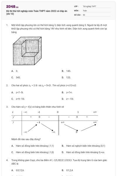Đề thi thử tốt nghiệp môn Toán THPT năm 2022 có đáp án (đề 10)