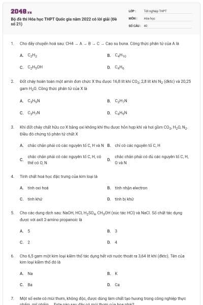 Bộ đề thi Hóa học THPT Quốc gia năm 2022 có lời giải (Đề số 21)