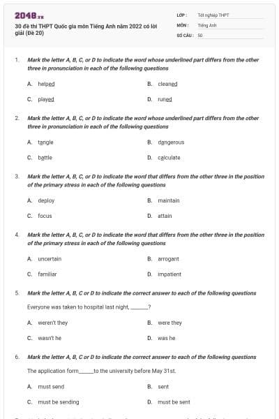 30 đề thi THPT Quốc gia môn Tiếng Anh năm 2022 có lời giải (Đề 20)