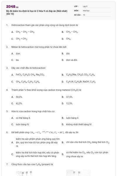 Bộ đề kiểm tra định kì học kì 2 Hóa 9 có đáp án (Mới nhất) (Đề 10)