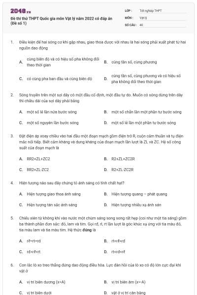 Đề thi thử THPT Quốc gia môn Vật lý năm 2022 có đáp án (Đề số 1)