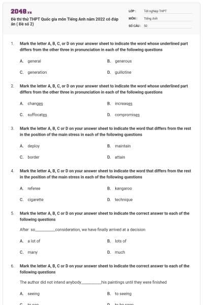 Đề thi thử THPT Quốc gia môn Tiếng Anh năm 2022 có đáp án ( Đề số 2)