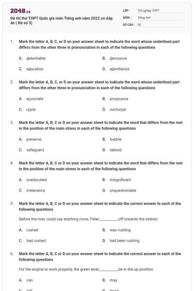 Đề thi thử THPT Quốc gia môn Tiếng anh năm 2022 có đáp án ( Đề số 3)