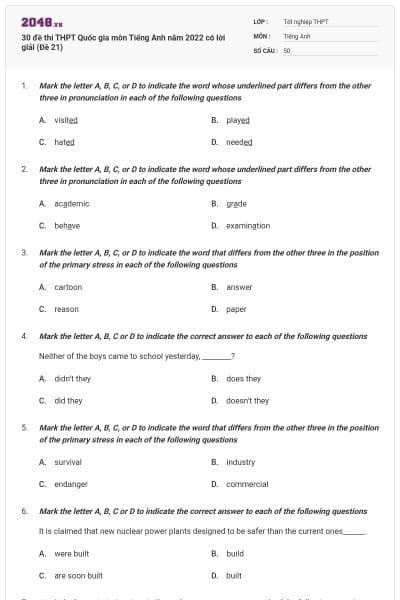30 đề thi THPT Quốc gia môn Tiếng Anh năm 2022 có lời giải (Đề 21)