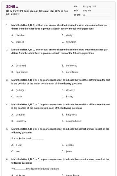 Đề thi thử THPT Quốc gia môn Tiếng anh năm 2022 có đáp án ( Đề số 4)