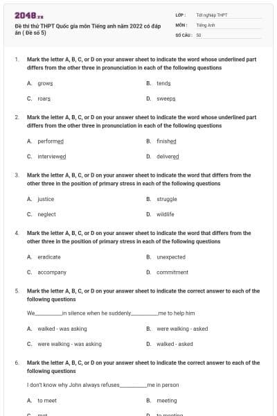 Đề thi thử THPT Quốc gia môn Tiếng anh năm 2022 có đáp án ( Đề số 5)