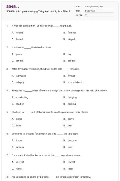 500 Câu trắc nghiệm từ vựng Tiếng Anh có đáp án - Phần 9