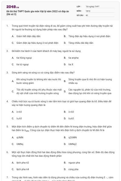 Đề thi thử THPT Quốc gia môn Vật lý năm 2022 có đáp án (Đề số 3)