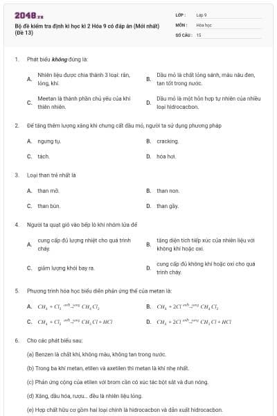 Bộ đề kiểm tra định kì học kì 2 Hóa 9 có đáp án (Mới nhất) (Đề 13)