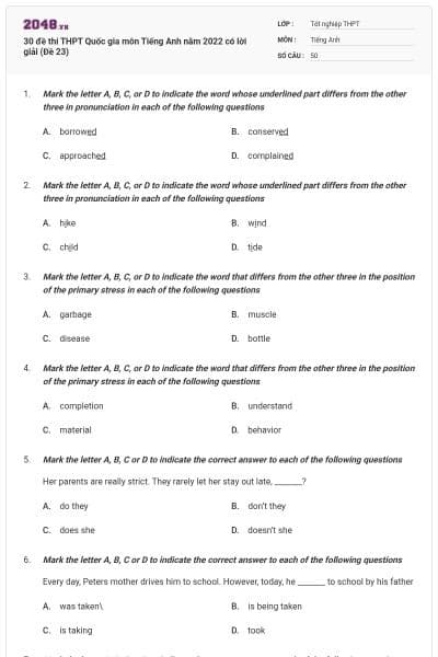 30 đề thi THPT Quốc gia môn Tiếng Anh năm 2022 có lời giải (Đề 23)