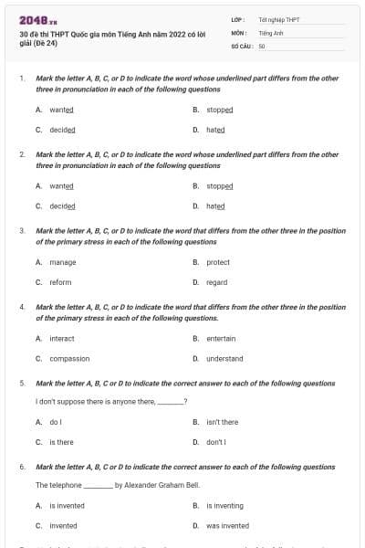 30 đề thi THPT Quốc gia môn Tiếng Anh năm 2022 có lời giải (Đề 24)