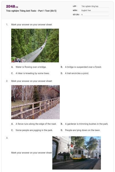 Trắc nghiệm Tiếng Anh Toeic - Part 1 Test (Đề 5)