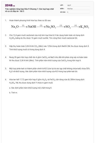 Trắc nghiệm tổng hợp Hóa 9 Chương 1: Các loại hợp chất vô cơ có đáp án - Đề 3