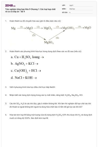 Trắc nghiệm tổng hợp Hóa 9 Chương 1: Các loại hợp chất vô cơ có đáp án - Đề 4