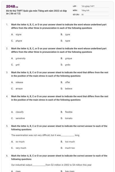 Đề thi thử THPT Quốc gia môn Tiếng anh năm 2022 có đáp án ( Đề số 13)