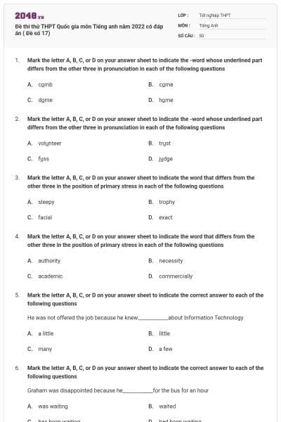 Đề thi thử THPT Quốc gia môn Tiếng anh năm 2022 có đáp án ( Đề số 17)