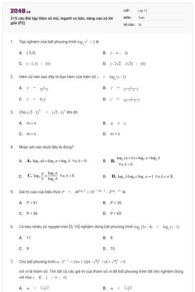 215 câu Bài tập Hàm số mũ, logarit cơ bản, nâng cao có lời giải (P2)