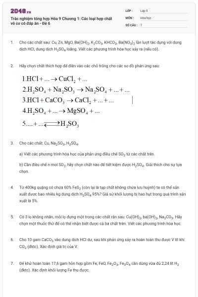 Trắc nghiệm tổng hợp Hóa 9 Chương 1: Các loại hợp chất vô cơ có đáp án - Đề 6