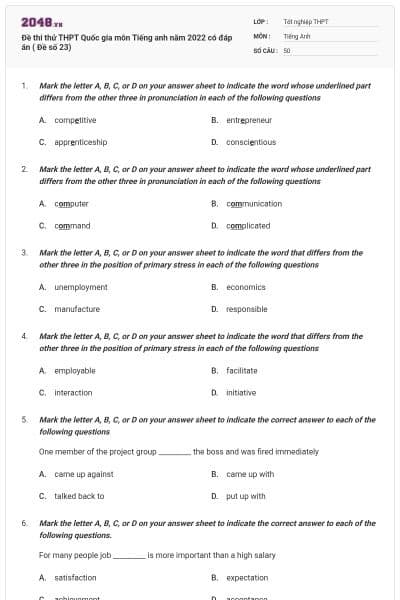 Đề thi thử THPT Quốc gia môn Tiếng anh năm 2022 có đáp án ( Đề số 23)