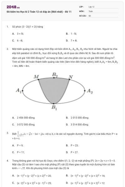 Đề kiểm tra Học kì 2 Toán 12 có đáp án (Mới nhất) - Đề 11