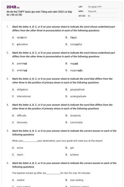 Đề thi thử THPT Quốc gia môn Tiếng anh năm 2022 có đáp án ( Đề số 28)