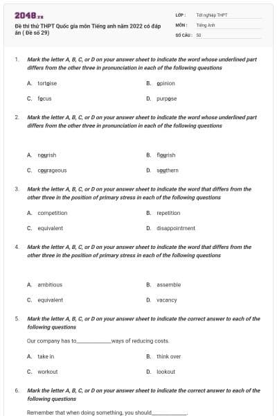Đề thi thử THPT Quốc gia môn Tiếng anh năm 2022 có đáp án ( Đề số 29)