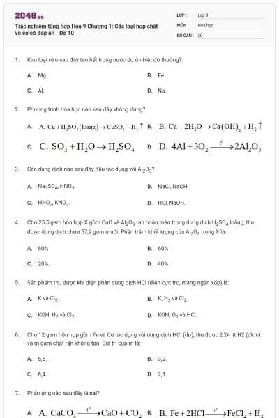 Trắc nghiệm tổng hợp Hóa 9 Chương 1: Các loại hợp chất vô cơ có đáp án - Đề 10
