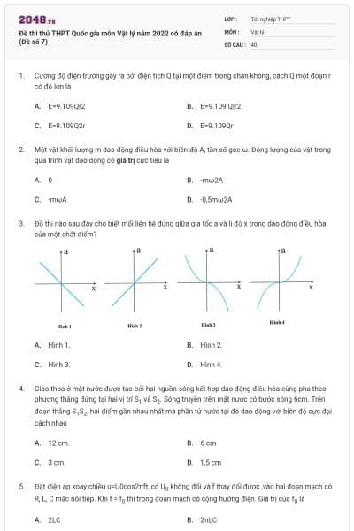 Đề thi thử THPT Quốc gia môn Vật lý năm 2022 có đáp án (Đề số 7)