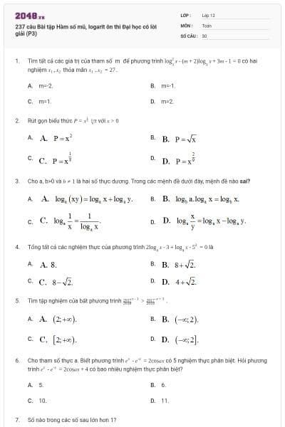 237 câu  Bài tập Hàm số mũ, logarit ôn thi Đại học có lời giải (P3)