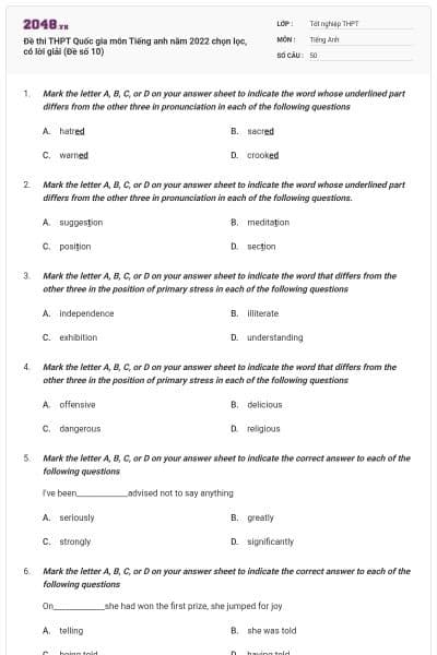 Đề thi THPT Quốc gia môn Tiếng anh năm 2022 chọn lọc, có lời giải (Đề số 10)
