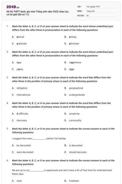 Đề thi THPT Quốc gia môn Tiếng anh năm 2022 chọn lọc, có lời giải (Đề số 11)