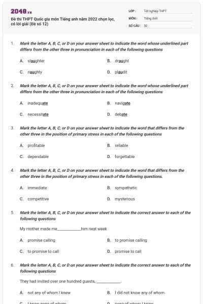 Đề thi THPT Quốc gia môn Tiếng anh năm 2022 chọn lọc, có lời giải (Đề số 12)