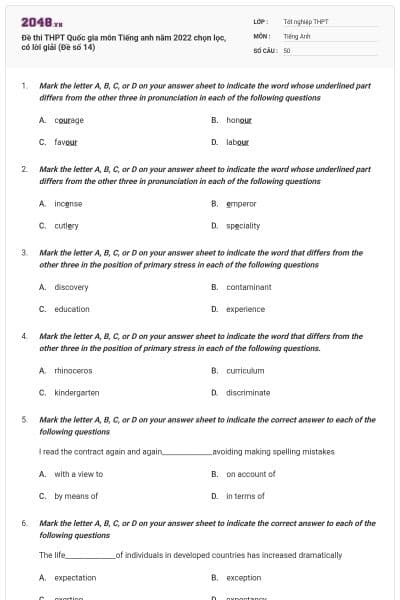 Đề thi THPT Quốc gia môn Tiếng anh năm 2022 chọn lọc, có lời giải (Đề số 14)