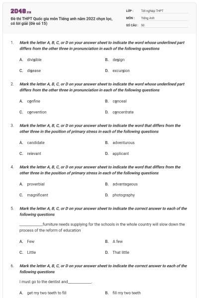 Đề thi THPT Quốc gia môn Tiếng anh năm 2022 chọn lọc, có lời giải (Đề số 15)