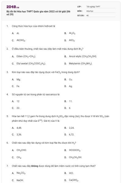 Bộ đề thi Hóa học THPT Quốc gia năm 2022 có lời giải (Đề số 29)