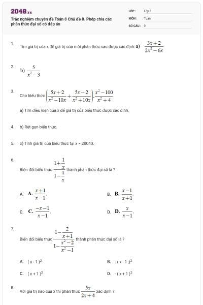 Trắc nghiệm chuyên đề Toán 8 Chủ đề 8. Phép chia các phân thức đại số có đáp án