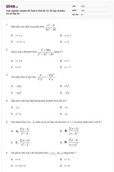 Trắc nghiệm chuyên đề Toán 8 Chủ đề 10. Ôn tập và kiểm tra có đáp án