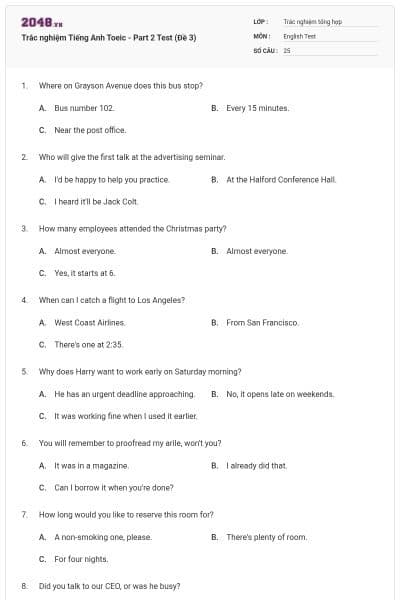Trắc nghiệm Tiếng Anh Toeic - Part 2 Test (Đề 3)